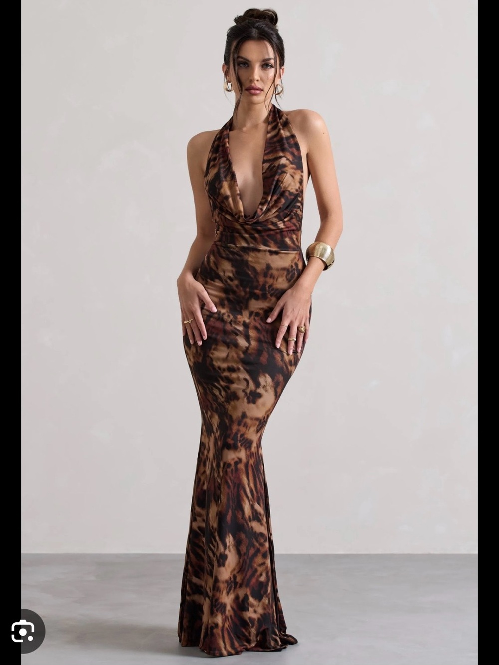 Club L London Brown Leopard Halter Maxi Dress